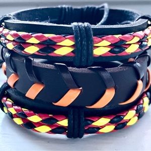 Lot of Three Leather and Cloth Unisex Bracelets Trio adjustable one size